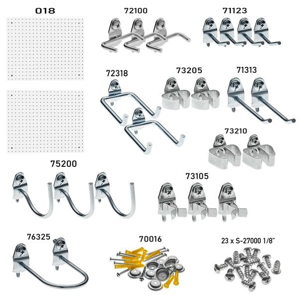 (2) 22 In. W x 18 In. H x 1/8 In. D White Polypropylene Pegboards 22 pc. DuraHook Assortment and Mounting Hardware