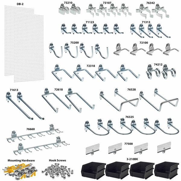 (2) 24 In. W x 48 In. H x 1/4 In. D Polypropylene Pegboards 48 pc. DuraHook Assortment 4 Hanging Bins
