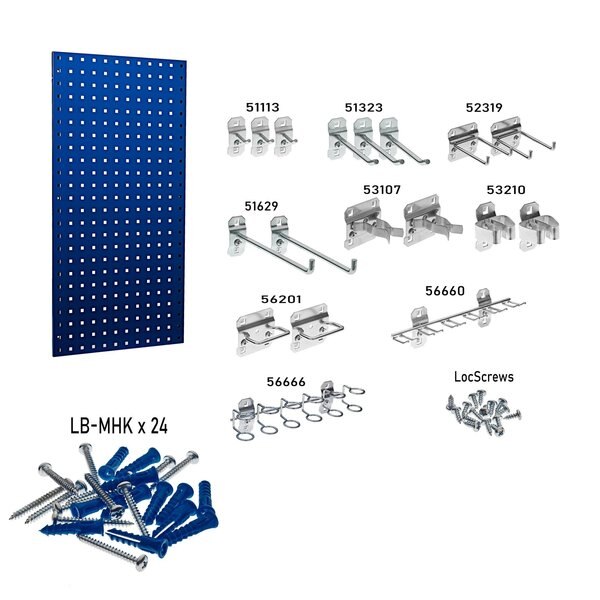 (1) 18 In. W x 36 In. H Blue Epoxy 18-Gauge Steel Square Hole Pegboard 18 pc. LocHook Assortment