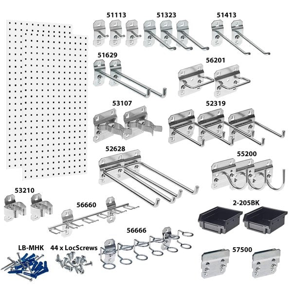 (2) 18 In. W x 36 In. H White Steel Square Hole Pegboards 30 pc. LocHook Assortment & Hanging Bin System