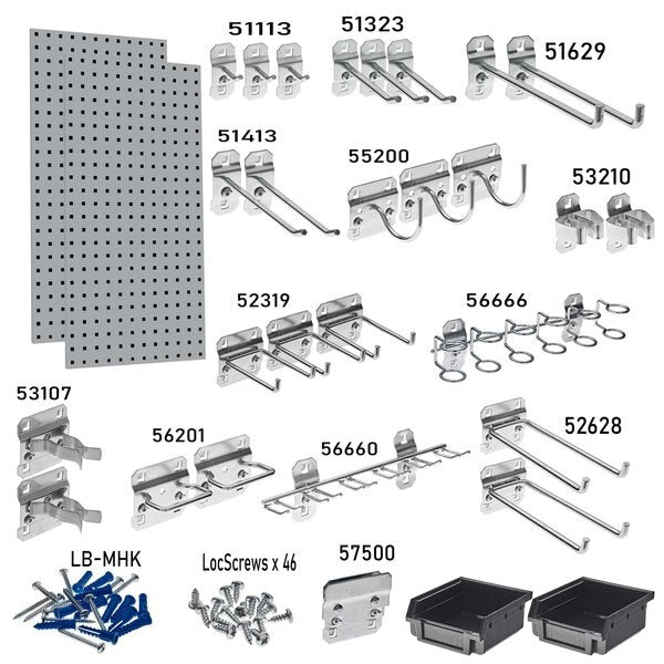 (2) 18 In. W x 36 In. H Gray Steel Square Hole Pegboards 30 pc. LocHook Assortment & Hanging Bin System