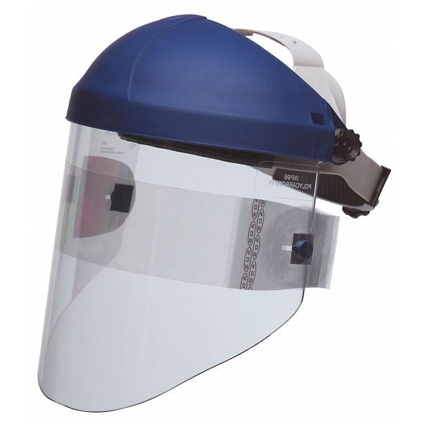 Ratchet Headgear with Clear Polycarbonate Faceshield, Uncoated, 9 in Visor Height, Blue