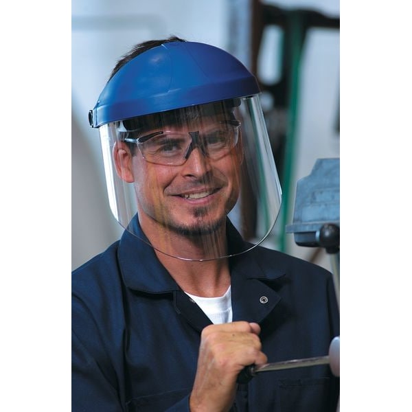 Ratchet Headgear with Clear Polycarbonate Faceshield, Uncoated, 9 in Visor Height, Blue