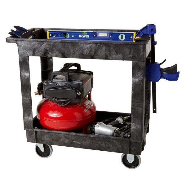 Structural Foam Utility Cart with Deep Lipped Plastic Shelves, Flat, 2 Shelves, 300 lbs