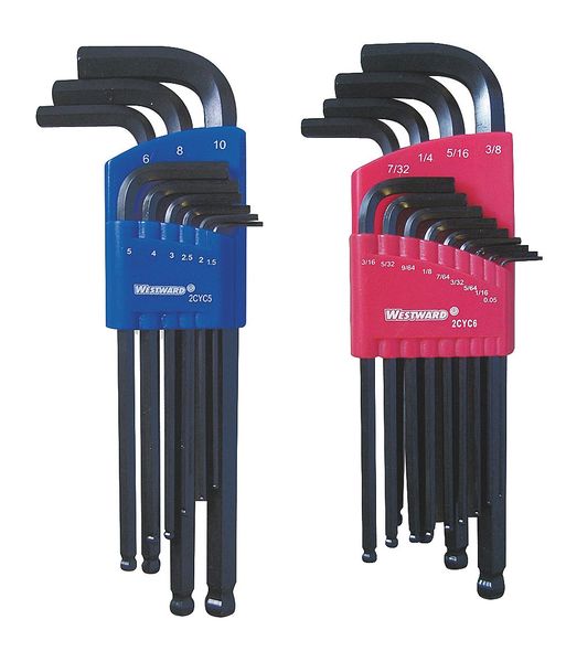 22-Piece Hex Key Set, L, Metric and SAE, Long, Alloy Steel, Plastic Holder, 2CYC7