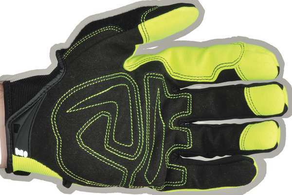 Hi-Vis Mechanics Gloves, M, Green, Padded, Ribbed Nylon/Spandex