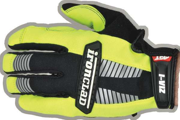 Hi-Vis Mechanics Gloves, L, Green, Padded, Ribbed Nylon/Spandex