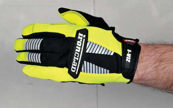 Hi-Vis Mechanics Gloves, XL, Green, Padded, Ribbed Nylon/Spandex