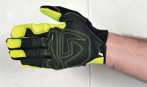 Hi-Vis Mechanics Gloves, L, Green, Padded, Ribbed Nylon/Spandex