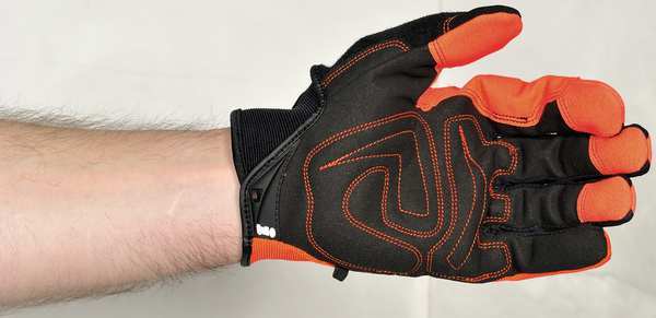 Hi-Vis Mechanics Gloves, XL, Orange, Padded, Ribbed Nylon/Spandex