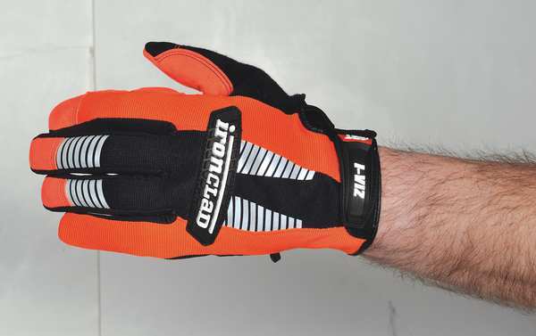 Hi-Vis Mechanics Gloves, XL, Orange, Padded, Ribbed Nylon/Spandex