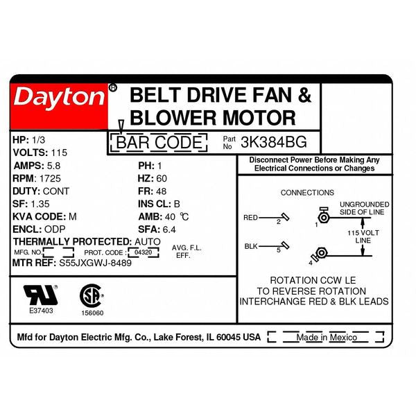Split-Phase Belt Drive Motor, 1/3 HP, 48 Frame, 115V AC Voltage, 1,725 Nameplate RPM