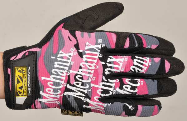 Mechanics Gloves, L, Pink Camo, Synthetic Leather, Spandex