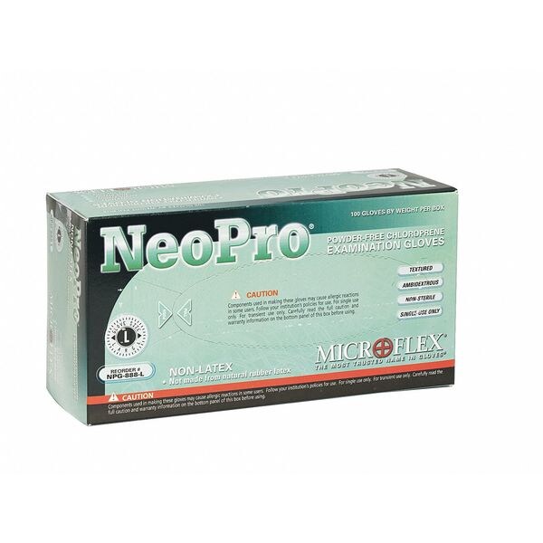 Disposable Exam Gloves, Neoprene, Powder Free, Green, L, 100 PK