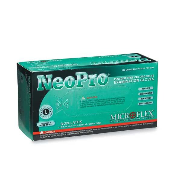 Disposable Exam Gloves, Neoprene, Powder Free, Green, L, 100 PK