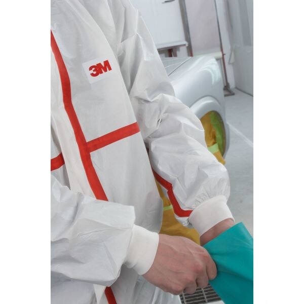 Hooded Disposable Coveralls, 25 PK, Red/White, Non-Microporous Polyethylene Laminate, Polypropylene