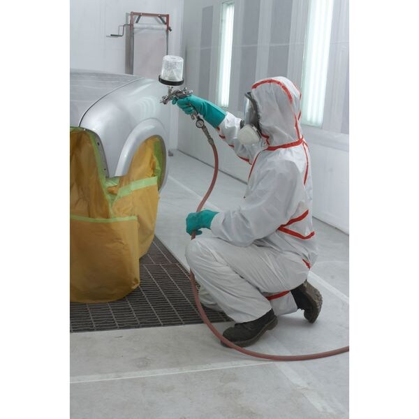 Hooded Disposable Coveralls, 25 PK, Red/White, Non-Microporous Polyethylene Laminate, Polypropylene