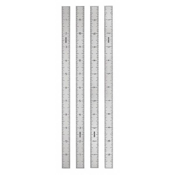 Ruler, Stainless Steel, Self Adhesive. Vertical, zero at bottom. 700 mm long, 15 mm wide, 1 mm thick