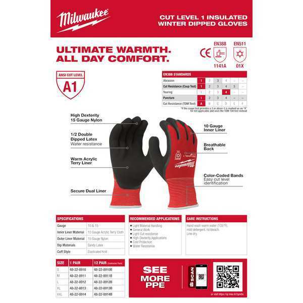 Cut Level 1 Winter Insulated Dipped Gloves - Medium