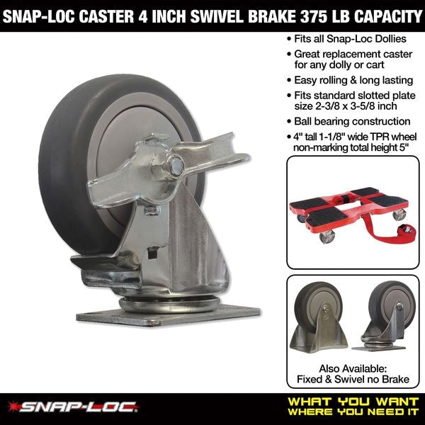 Caster 4 In., Swivel/Brake, 375 lb