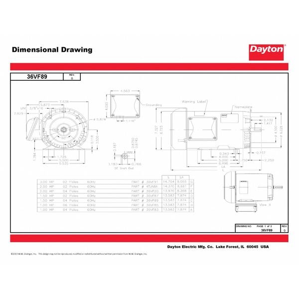 3-Phase General Purpose Motor, 1 1/2 HP, 143/5TC Frame, 230/460V AC Voltage, 1,750 Nameplate RPM
