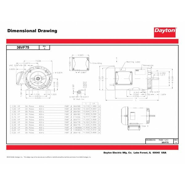 3-Phase General Purpose Motor, 1/3 HP, 56C Frame, 230/460V AC Voltage, 1,765 Nameplate RPM