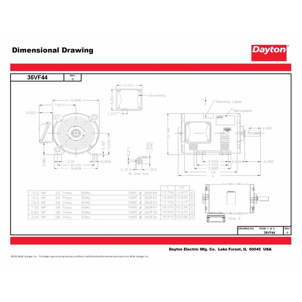 3-Phase General Purpose Motor, 15 HP, 213/5T Frame, 230/460V AC Voltage, 3,530 Nameplate RPM