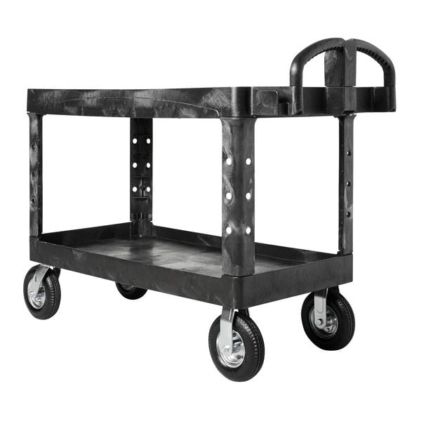 Plastic Utility Cart with Deep Lipped Plastic Shelves, Ergonomic, 2 Shelves, 750 lb