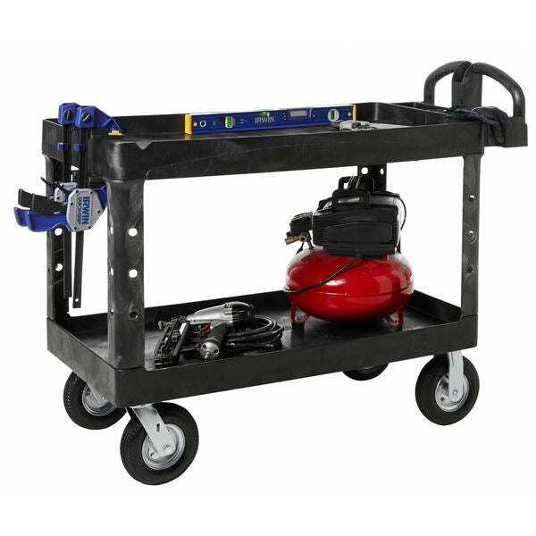 Plastic Utility Cart with Deep Lipped Plastic Shelves, Ergonomic, 2 Shelves, 750 lb