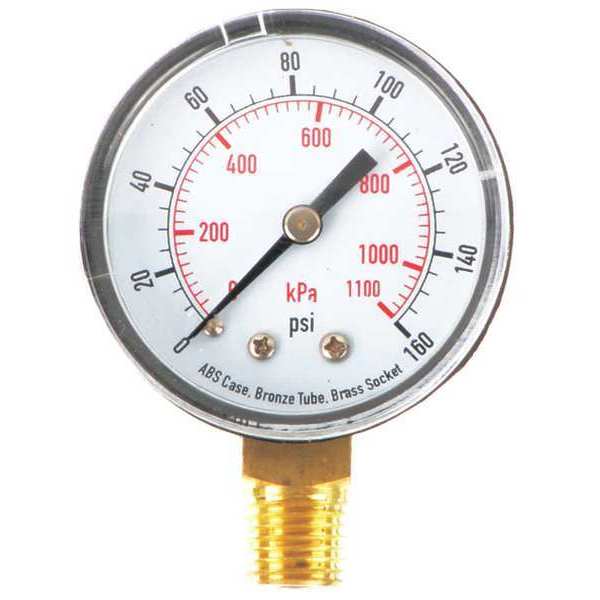 Pressure Gauge, Commercial, 0 to 160 psi, 2 in Dial, 1/4 in MNPT, Plastic, Black