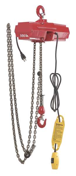 Electric Wire Rope Hoist, 500 lb, 10 ft, Hook Mounted - No Trolley, Red