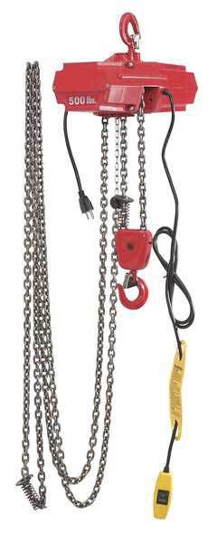 Electric Chain Hoist, 500 lb, 10 ft, Hook Mounted - No Trolley, Red