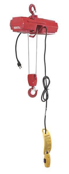 Electric Wire Rope Hoist, 500 lb, 10 ft, Hook Mounted - No Trolley, Red