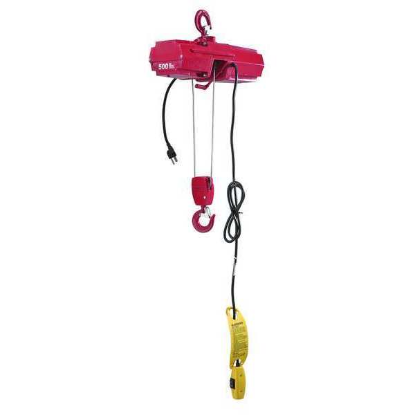 Electric Wire Rope Hoist, 500 lb, 10 ft, Hook Mounted - No Trolley, Red
