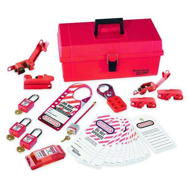 Portable Lockout Kit, Electrical Focus Assortment, 3 Thermoplastic Keyed-Alike Padlocks, Red