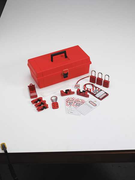 Portable Lockout Kit, Electrical Focus Assortment, 3 Thermoplastic Keyed-Alike Padlocks, Red