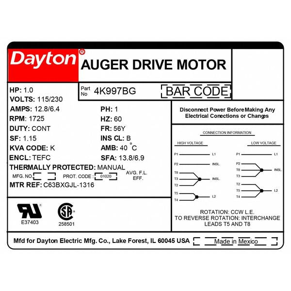 Auger Drive Motor, Capacitor-Start, 1 HP, 115/230V AC, 1,725 Nameplate RPM, 56Y Frame