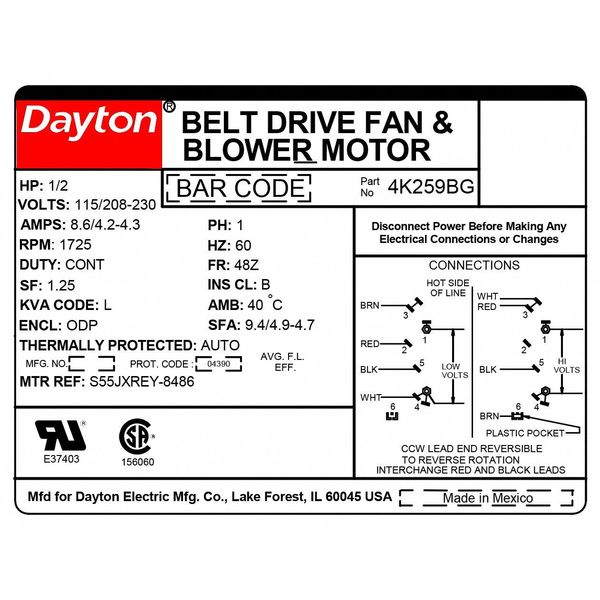 Split-Phase Belt Drive Motor, 1/2 HP, 48Z Frame, 115/208-230V AC Voltage, 1,725 Nameplate RPM