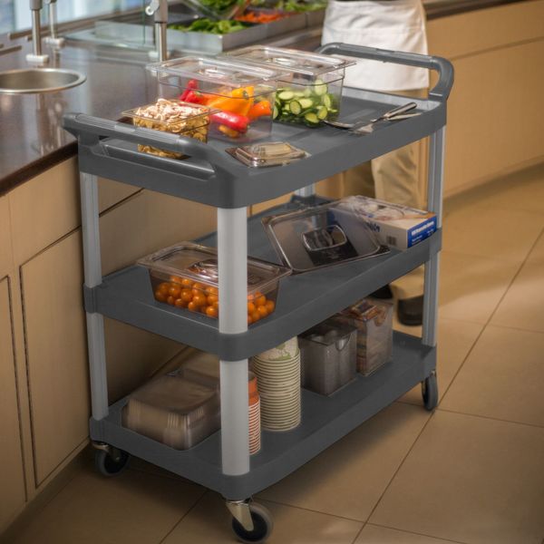 Plastic Dual-Handle Utility Cart with Lipped Plastic Shelves, (2) Raised, 3 Shelves, 300 lb