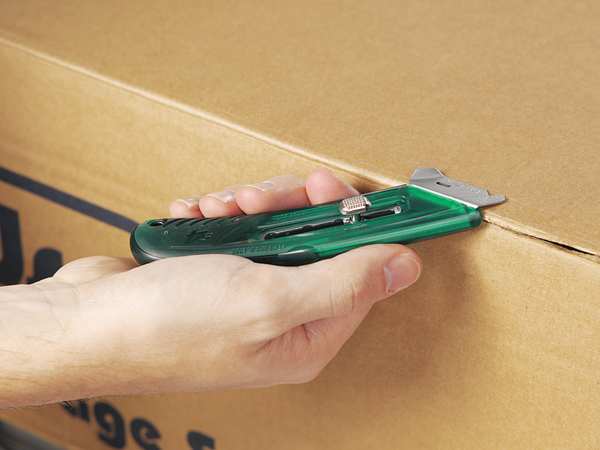 Safety Knife, 3 Fixed Blade Depths, 5 3/4 in L, Safety Point, Steel Blade, Green Plastic Handle