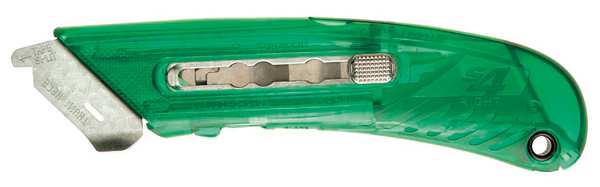 Safety Knife, 3 Fixed Blade Depths, 5 3/4 in L, Safety Point, Steel Blade, Green Plastic Handle