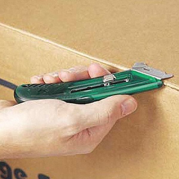 Safety Knife, 3 Fixed Blade Depths, 5 3/4 in L, Safety Point, Steel Blade, Green Plastic Handle