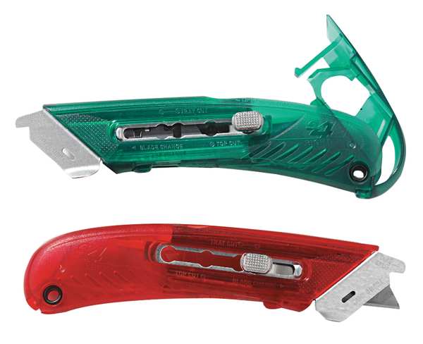 Safety Knife, 3 Fixed Blade Depths, 5 3/4 in L, Safety Point, Steel Blade, Red Plastic Handle