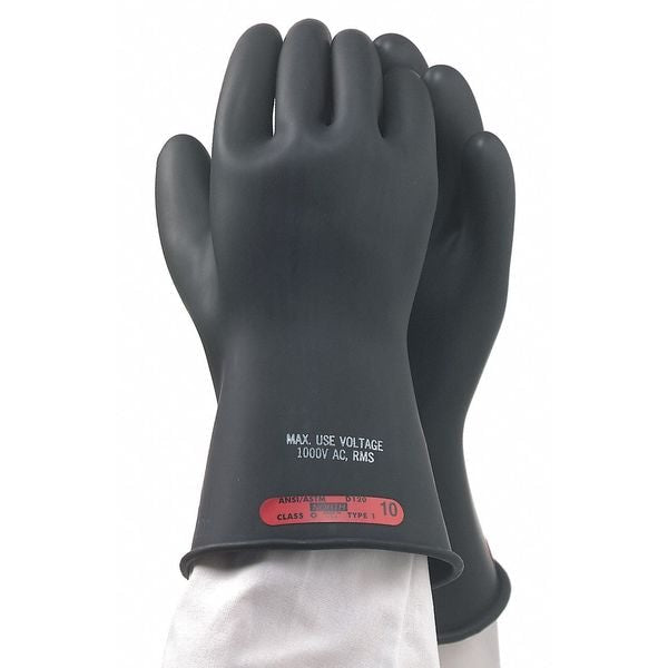 Electrical Rubber Gloves, Class 0, Type I, 11 in, Black, Size 10, 1 Pair