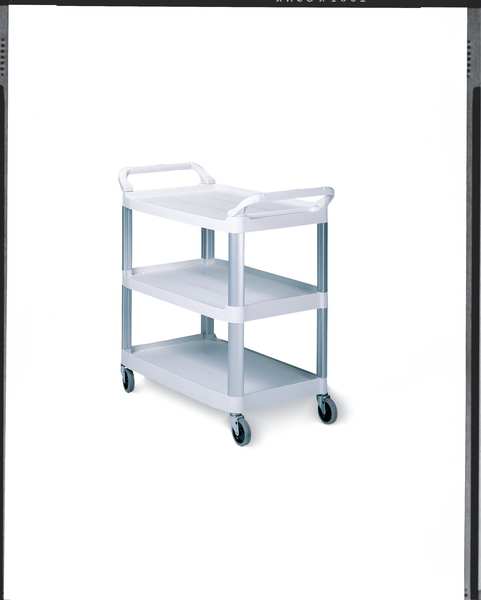 Plastic Dual-Handle Utility Cart with Lipped Plastic Shelves, (2) Raised, 3 Shelves, 300 lb