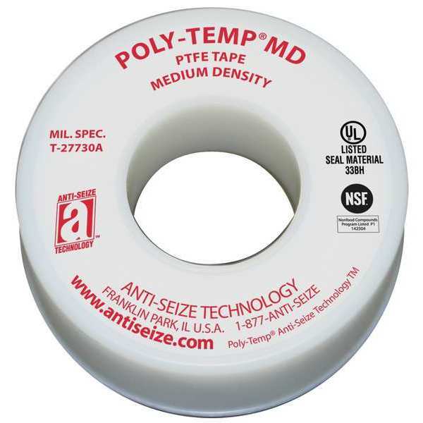 Thread Sealant Tape, Poly-Temp, Medium Density, 1/2 in W x 43 ft L, White,