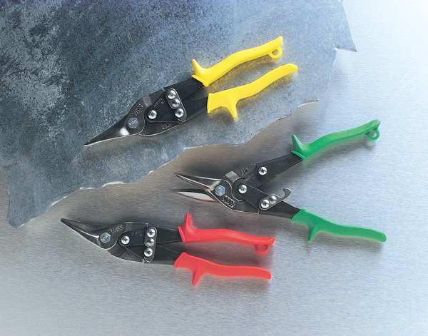 Aviation Snip, Left, 9 3/4 in Overall Length, 1 1/2 in Cutting Length, Serrated Edge, Steel Handle