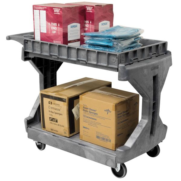 High-Density Polyethylene Utility Cart with Flip-Gate Flush Plastic Shelves, Flat, 2 Shelves