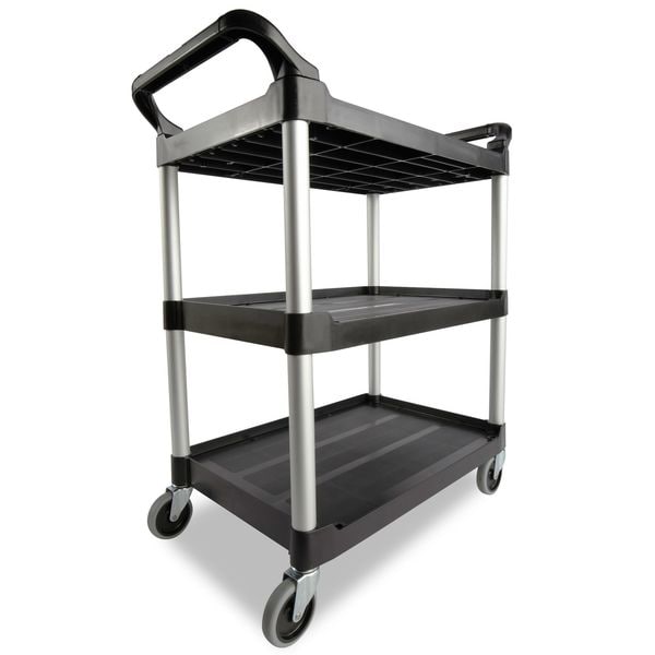 Plastic Dual-Handle Utility Cart with Lipped Plastic Shelves, (2) Raised, 3 Shelves, 200 lb
