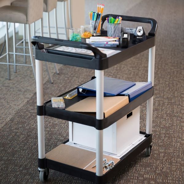 Plastic Dual-Handle Utility Cart with Lipped Plastic Shelves, (2) Raised, 3 Shelves, 200 lb
